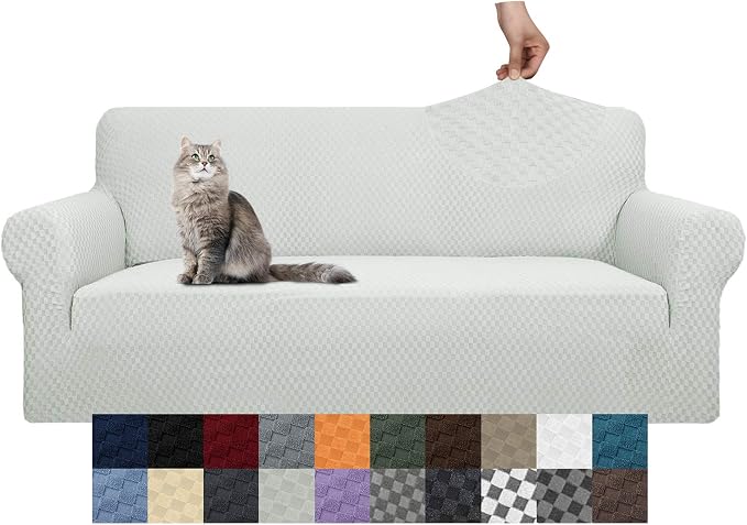 YEMYHOM Couch Cover Latest Jacquard Design High Stretch Sofa Covers for 3 Cushion Couch, Pet Dog Cat Proof Slipcover Non Slip Magic Elastic Furniture Protector (Large, Ivory)