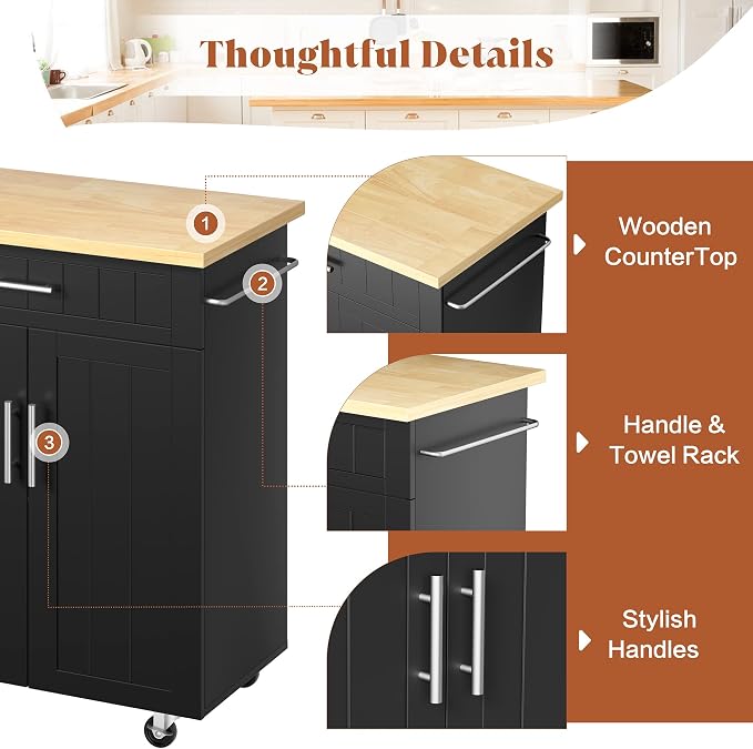 JY QAQA 26" Kitchen Island on Wheels with Storage Cabinet Kitchen Cart Cabinet with Shelves, Cart Handle for Towel Rack or Free Mobility, Portable Islands for Kitchen,Black