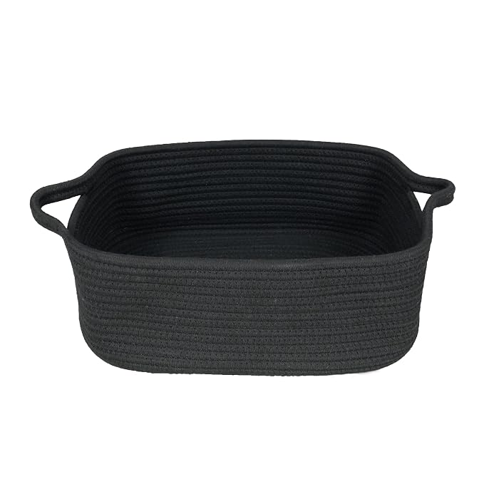 XUANGUO Medium Woven Cotton Rope Storage Basket with Handles, Black | Small decorative rectangle storage bin for baby nursery items and cat toys; ideal as an empty gift basket or dog toy basket