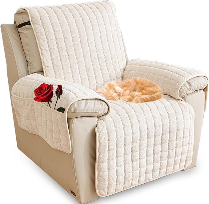 Polyester Flannel Recliner Cover, Non-Slip with 2 Side Pockets | Soft short-pile polyester with silicone backing guards armrests from pet scratches; thick one-piece cover, machine washable.