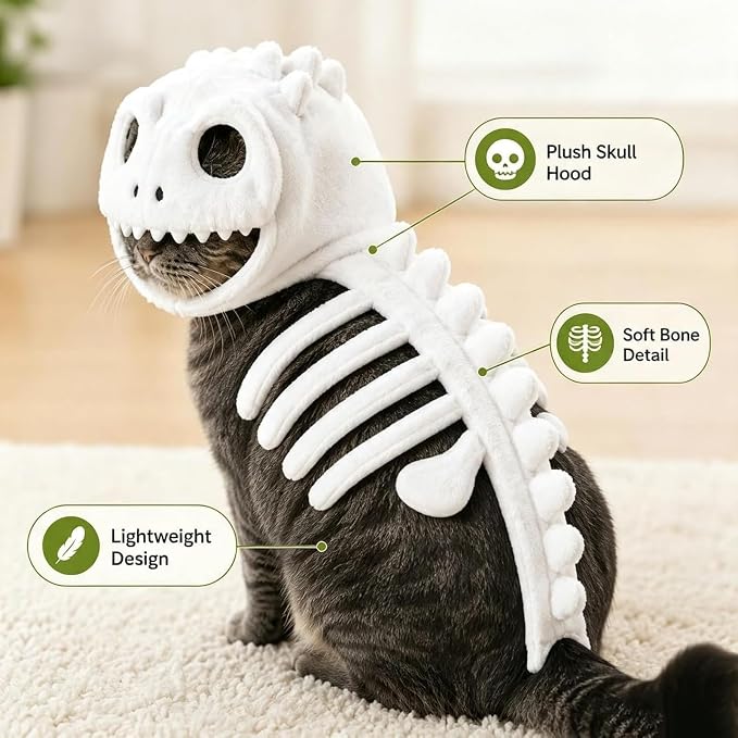 Glow-in-the-Dark Dinosaur Skeleton Cat Costume (XL) | Plush Halloween Pet Hood Outfit with Soft Fabric, Easy-On Design, Perfect for Party, Trick-or-Treat & Holiday Photo Fun