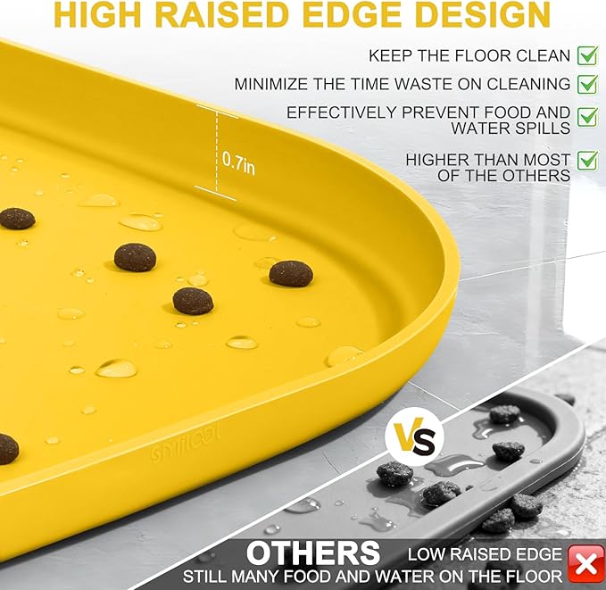 Smilool Silicone Pet Food Mat with Raised Edge for Food and Water Bowl, Dog Feeding Mats, Cat Food Trays for Floor Waterproof, Rubber Tray for Dogs and Cats, 19 x 12 x 0.7 Vivid Yellow
