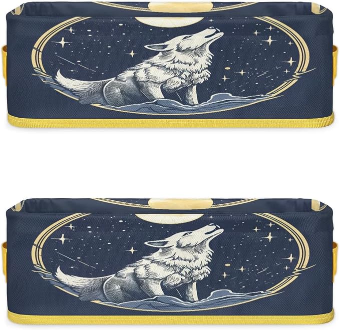 Wolf Stars Moon Bathroom Storage Basket, Foldable with Handle Open Countertop Paper Towel Decorative Box, Toilet Tank Top Shelf Baskets for Home Closet Bedroom Living Room Office