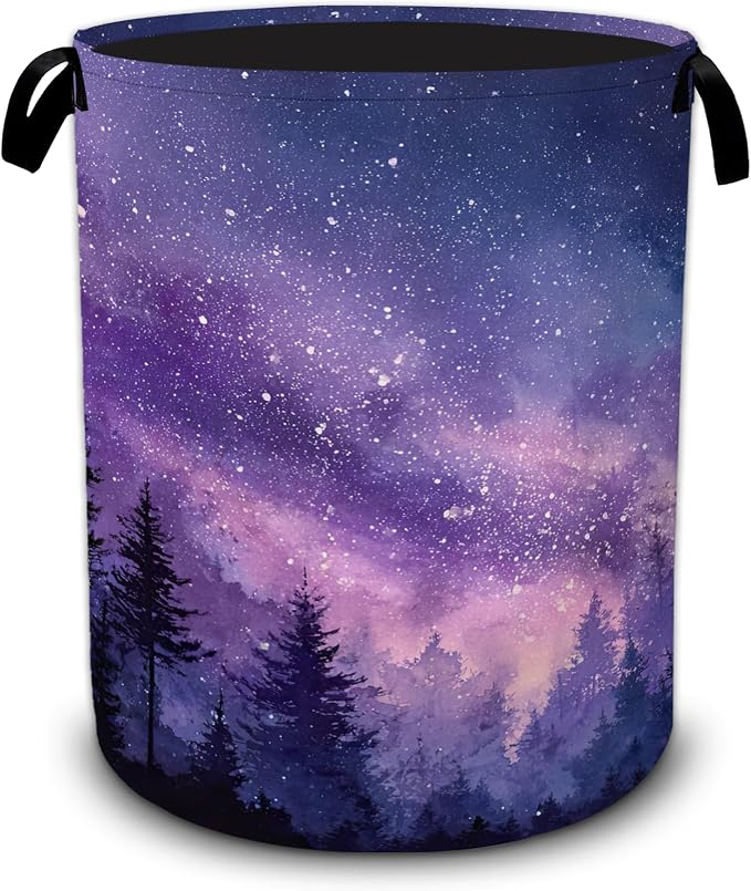 Galaxy Laundry Basket,Purple Forest Foldable Oxford Laundry Hamper with Handles,Collapsible Clothes Storage Bucket Tote Bag for Laundry Room,Bathroom,Bedroom,Dorm
