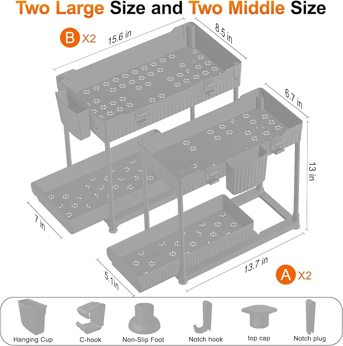 4-Pack 2-Tier Under Sink Organizer with Pull Out Drawers | Multi-use kitchen & bathroom storage. Includes hanging hooks and cups. Gray, space-saving cabinet design. 12.8 Inch