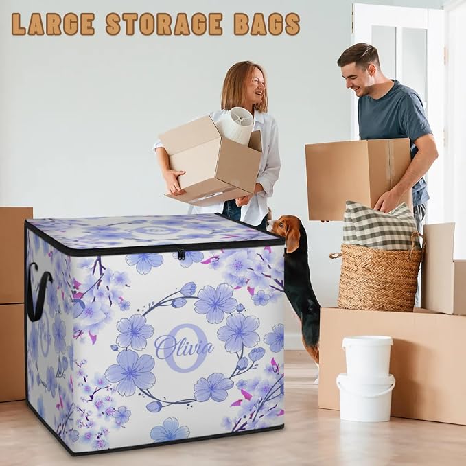 Custom Name Storage Bin with Lid, Personalized Extra Large Watercolor Blue Cherry Blossom Storage Basket with Handles Zippers for Comforters, Blankets, Bedding Closet Shelf Baskets, Initial Letter