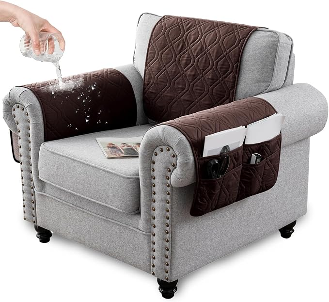 Waterproof Armrest Chair Covers with 6 Side Pocket 1 2 3 Seater Anti-Slip Chair Headrest Cover Armchair Slipcover Washable Protector for Pets Leather Sofa Couch (Coffee,1 Seater 3PCS)