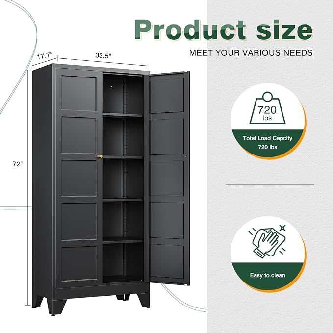 72" H Metal Storage Cabinet with 2 Doors and 4 Shelves,Tall Kitchen Pantry Cabinets,Utility Pantry Organizers for Cupboard/Dining/Bathroom/Home Office/Garage (Black, 72" H x 18" D x 33.5" W)