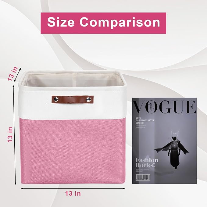 Bagnizer 13x13 Cube Storage Bins, Collapsible Fabric Storage Box, 4 Pack Closet Baskets with Handles for Organizing, Shelf, Toys, Clothes, Home, Office, Nursery (Pink&White)