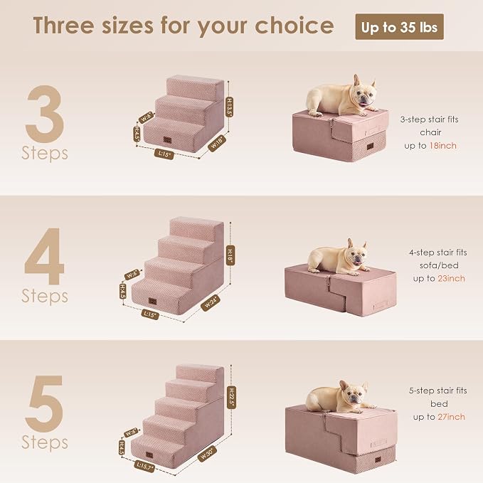 EHEYCIGA Dog Stairs for Small Dogs 13.5" H, 3-Step Dog Steps for Cats, Pink | Pet Steps for Couch Sofa and Chair, Non-Slip Balanced Pet Ramp Indoor