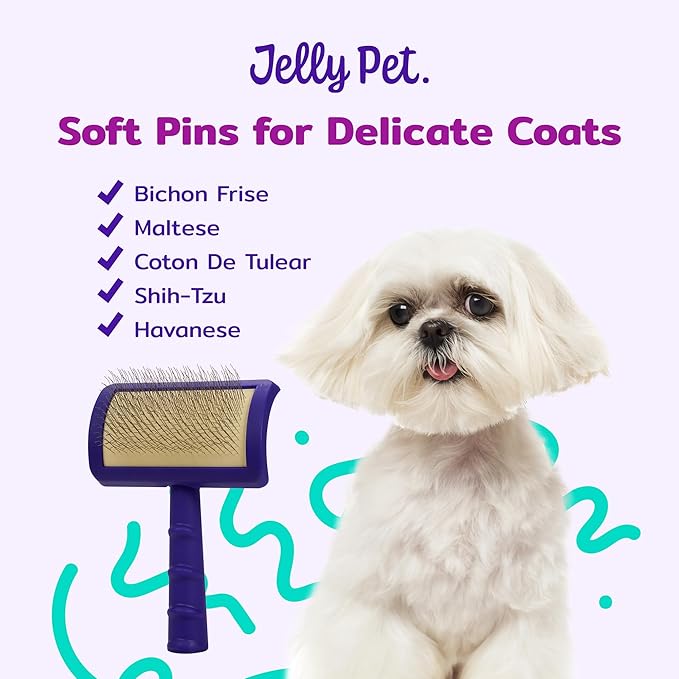 Jelly Pet Universal Slicker Brush for Dogs, Dog Grooming Brush, Remove Tangles and Dead Undercoat, Tuffer Than Tangles Maltese Shi-Tzu Poodle Bichon, Soft Pins, Purple, Small