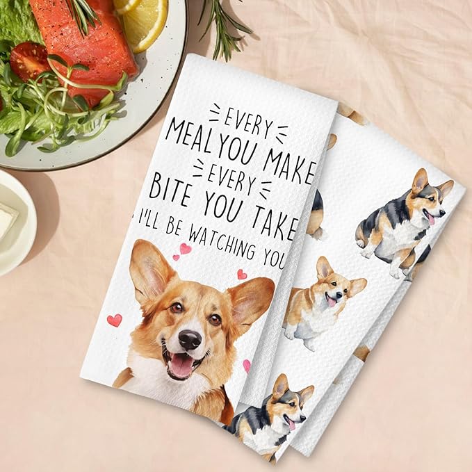 Corgi Dog Kitchen Towels Set of 2, Corgi Gifts for Lovers Women Men Dish Tea Towels for Kitchen Decor, Dog Mom Lovers Owners Gifts Hand Towels, 16x24 Inches