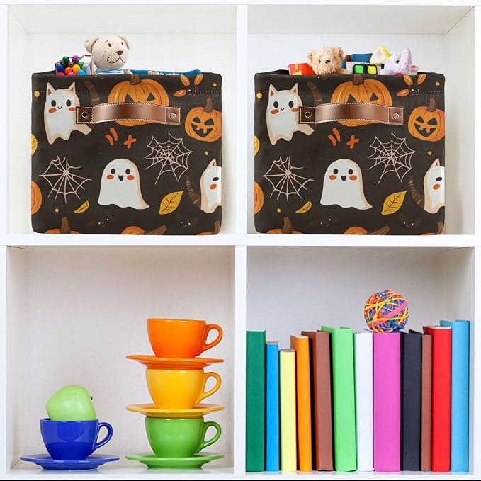 Kigai Storage Basket, Fabric Collapsible Closet Organizer Bin | Halloween Boo Pumpkins Waterproof Foldable Canvas Basket with Handles for Shelves, Nursery, Closet, Bedroom & Bathroom