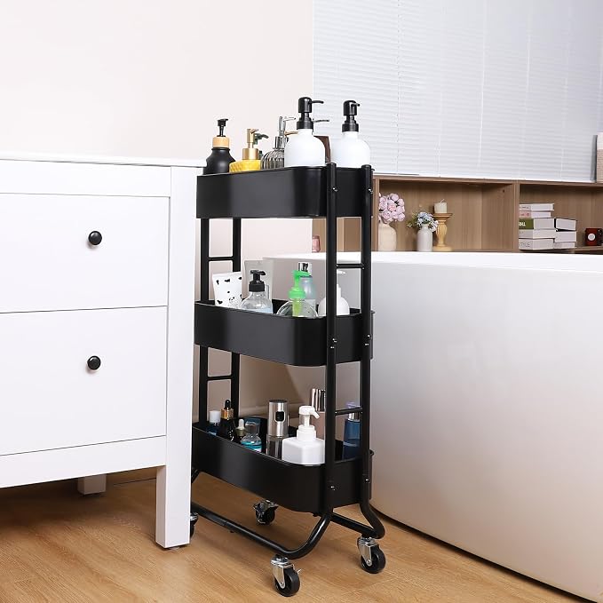 MAX Houser Slim 3-Tier Rolling Utility Cart with Extra Hook, Black | Narrow Metal Bathroom Storage Multifunctional Organizer Carts with Wheels with Extra Hook, Laundry Room,Kitchen,Small Space