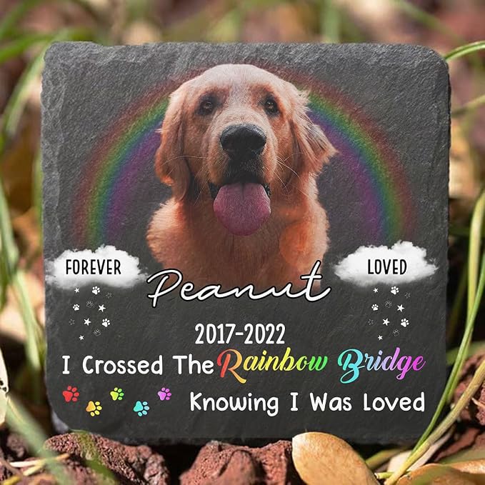 Wrappiness Pet Memorial Stone - I Crossed The Rainbow Bridge, Personalized Dog Memorial Gifts, Remembrance Condolences Bereavement Gifts for Loss of Pet Custom Photo (Square 04, Stone)