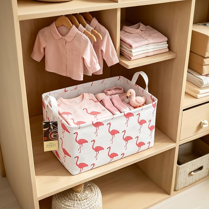 Rectangle Foldable Storage Basket Handles For Home, Flamingo | Waterproof reinforced handles, perfect for shelf use, organizes clothes, daily items and pet supplies