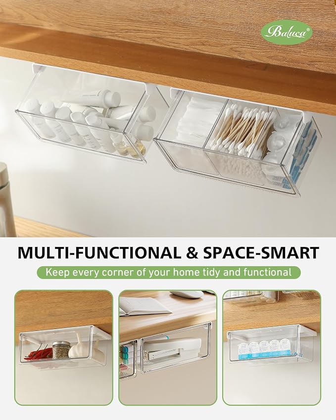 BALUCA Small Clear Stackable Storage Drawers – 33° Angled Acrylic Makeup Organizer for Vanity, Undersink & Kitchen Cabinets | Multi-Purpose Plastic Storage Bins & Drawer Organizer Bins (Large)