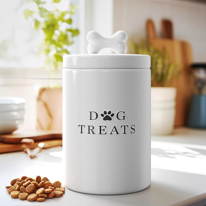 Barnyard Designs Ceramic Dog Treat Container with Airtight Lid (White) | Large Rustic Storage Canister and Cookie Jar for Kitchen Counter; Airtight Lid Keeps Food Fresh; Farmhouse Decor