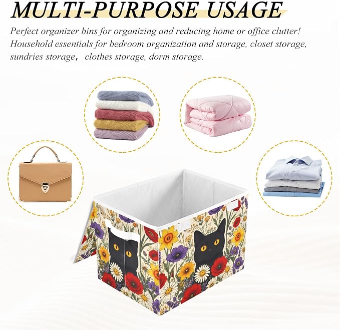 Fabric Storage Bins with Lid Cat Floral Garden Closet Storage Basket 40L | Foldable & Stackable, Flip Top Dust Guard, Reinforced Handles, Home & Bedroom, Clothes & Toys, Oxford Print Basket
