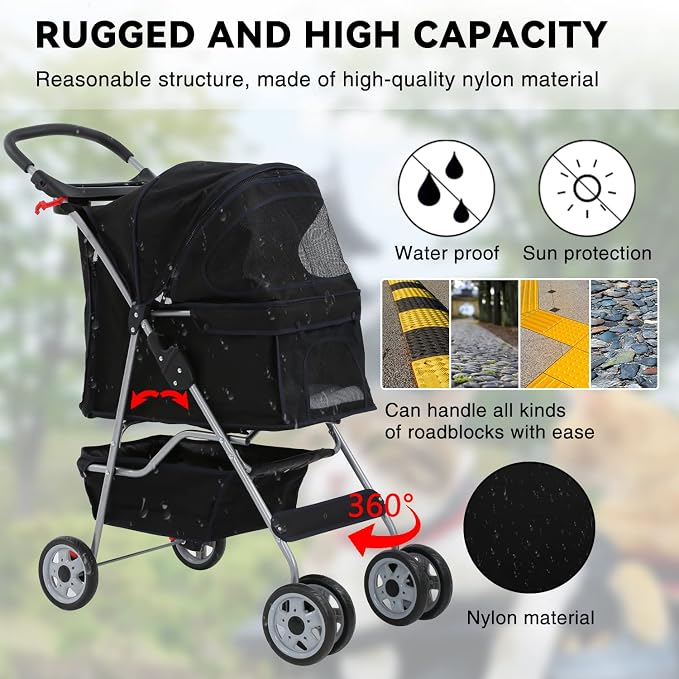 4 Wheels Dog Stroller, Pet Cat Jogger Stroller, Folding Carrier Waterproof Puppy with Cup Holder & Removable Liner, Dog Strollers for Small Dogs, for Small and Medium Pet Supplies (Black)