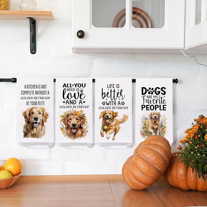 SPBL&L Golden Retriever Dog Kitchen Towels Set of 4, Golden Retriever Gifts for Women,Golden Retriever Decor Dish Towels for Kitchen, Golden Retriever Decorative Hand Towels for Bathroom, 16x24 Inches