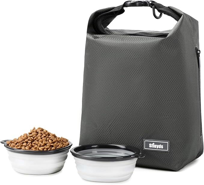 Travel Dog Food Container Pet Food Storage Bag Containers 2PCS Collapsible Travel Dog Bowls Waterproof Camping Storage Essentials Kibble Carrier 20L Easy to Clean (Grey, Large)