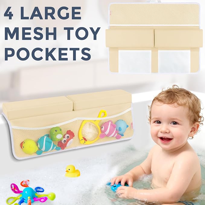 Bath Kneeler and Elbow Rest Pad Set, 1.5” Thick Bathtub Kneeling Mat | Cozy Memory Foam, Non-Slip 6 Suction Cups and 4 Toys Organizer Pockets, Quick-Dry Bath Kneeling Pad for Babies Toddlers