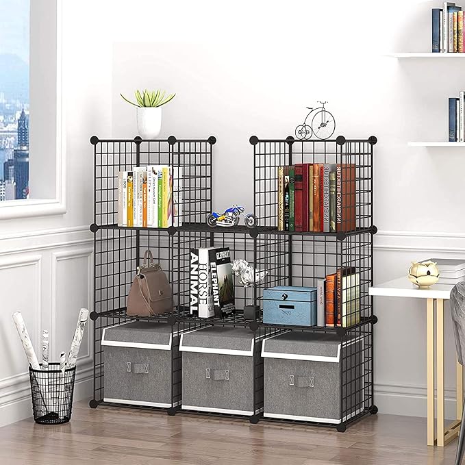 C&AHOME Wire Cube Storage - 9-Cube Organizer, Metal Grids, Bookshelf, Black | Storage Bins Shelf, Modular Bookshelf Units, Closet Cabinet, Shelving, Ideal for Home, Living Room, Office