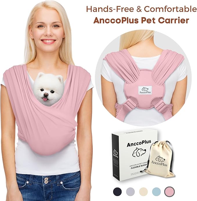 AnccoPlus Small Dog Sling Carrier, Hands-Free, Light Pink, Regular | Patented Front Carrier Reduces Back and Neck Strain; Adjustable, Soft Cotton, 3D Air Mesh for Puppies & Cats up to 20 lb