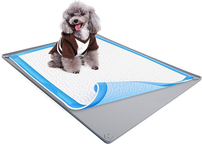 Dog Pee Pad Holder Tray Fits for 30” x 36” Pee Pads - 1 Pack - Light Grey | Corner Lock Holes, Raised Edges, Non-Spill, Easy to Clean Silicone Dog Potty Tray Holder, For Indoor Floor Protection