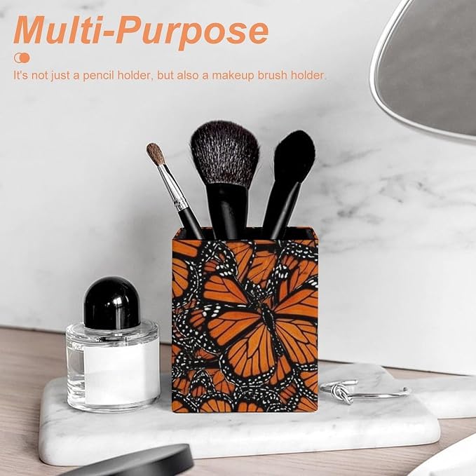 Pu Leather Pens Pencils Holder Cup for Men Women Square Makeup Brush Holder Desk Accessories Heaps Of Orange Monarch Butterflies Container Box for Office Supplies