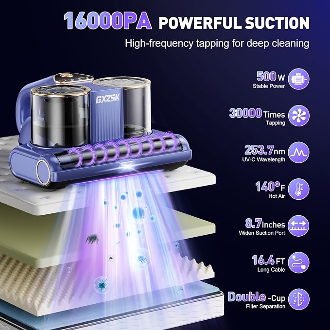 Gxzsk Mattress Vacuum Cleaner, 16kPa Bed Vacuum Cleaner, Handheld Vacuum | 253.7nm UV-C Light, Ultrasonic & 140℉ Heating, Dual Cup & Widen Suction Port for Bed, Sofa, Couch, Crib (500W, Corded)