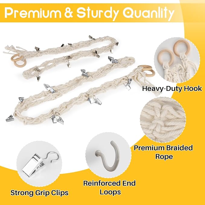 RAINFLOW Cotton Hanging Storage Chain - Display Holder for Stuffed Animals | 2PCS Stuffed Animal Organizer Chain with 40 Metal Clips for Wall, Corner Decor, Hanging Hats, Socks, Holiday Cards,80 Inch
