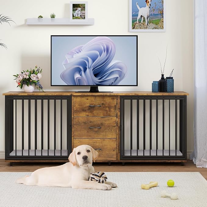 YITAHOME 74" Double Dog Crate Furniture with 2 Feeder Bowls & Room Divider | Wooden Dog Kennel TV Stand for 2 Large Medium Small Dogs, Rustic Brown
