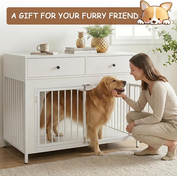 PUKAMI Large Dog Crate Furniture with 2 Drawers, 44 Inch Wooden Dog Kennel Indoor, Crate Furniture as Decorative End Table, Cage Furniture for Small Medium Large Dogs (New White, 1-Pack Set)