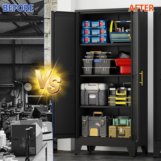 GAIOUS 61''Tall Metal Garage Storage Cabinet,File Cabinet with Door and Adjustable Shelves, Outdoor Steel Tool Cabinet for Home,Office,Warehouse,Garage,Black