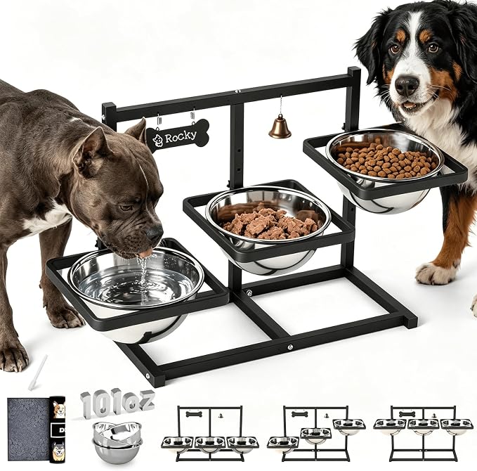 Extra Large Elevated Dog Bowl Stand for Multiple Dogs – 6 Height Adjustable Raised Stand with 3×101oz Stainless Steel Bowls & Non-Slip Mat for XLarge Breeds