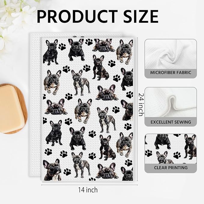 French Bulldog Waffle Weave Kitchen Towels, Quick Dry Multipurpose Hand Towels for Bathroom, Absorbent Reusable Cloth Tea Dish Towels for Home Decor, Dog Lover Gift Towel Set of 2