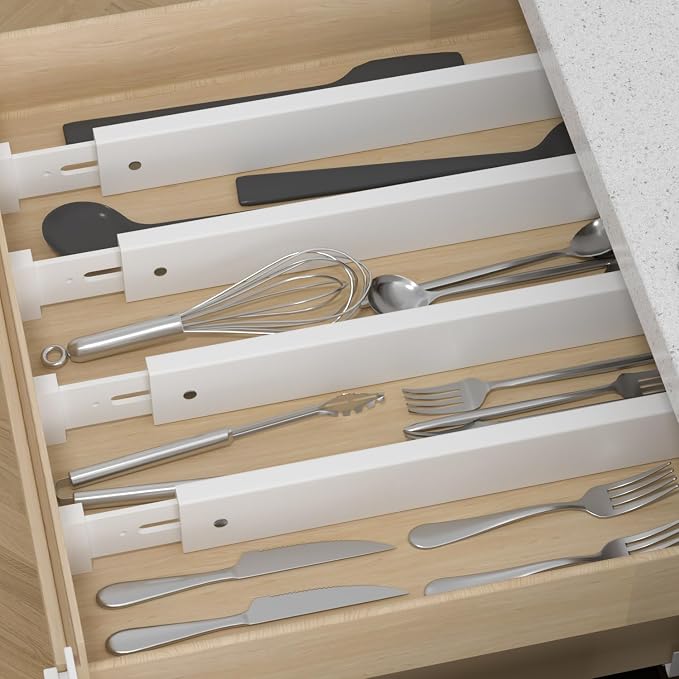 Bamboo Kitchen Drawer Divider 4 Pack,17-22" Adjustable Utensil Drawer Organizer for Dresser Bathroom Bedroom,White