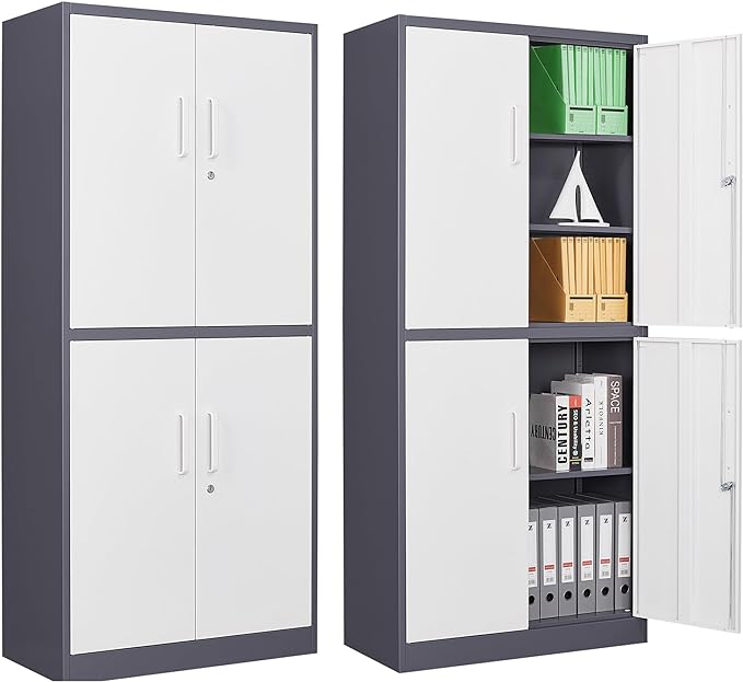 Metal Storage Cabinet with Lock Door, Adjustable Shelf Steel Cabinets for Office, Home,Pantry,Kitchen,Garage Utility Cabinet (4 Door-White&Gray)