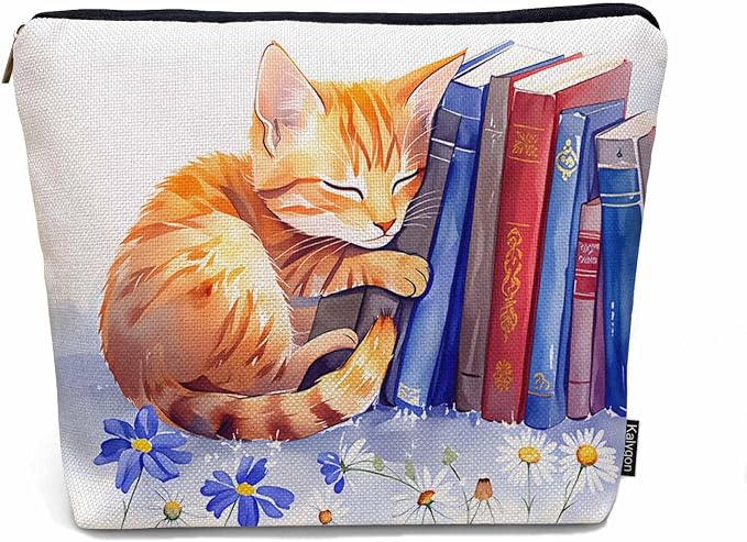 Cat Cosmetic Travel Bag For Toiletries, Funny Cat Kitten Sleep Floral Library Bookshelf Makeup Bag Toiletry Bags For Women, Flax Cosmetic Bags Make Up Bag Purse Toiletries Bag Birthday Gift
