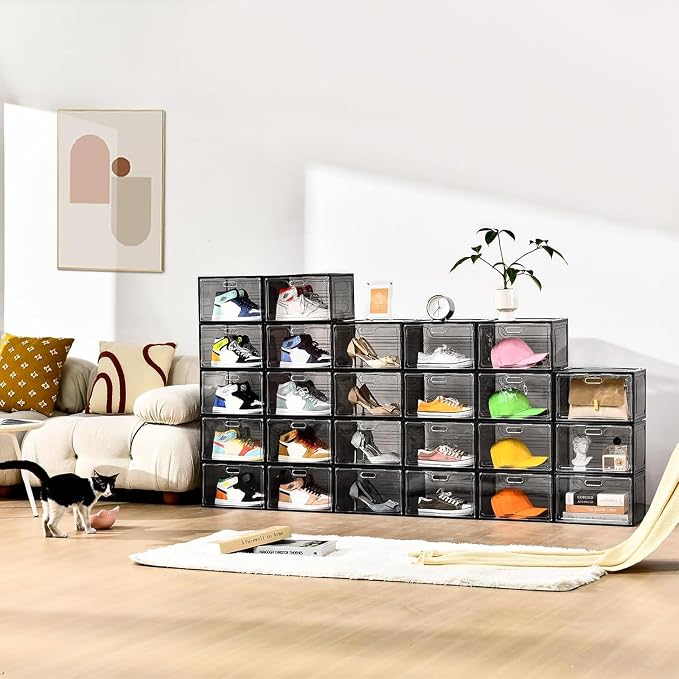 8 Pack Drop Side Shoe Boxes, Large Stackable Shoe Storage, Thick Plastic | Sneaker Storage with Magnetic Door, Shoe Organizer for Closet, Sturdy Shoe Containers, Sneaker display Case Fit up to Size 13