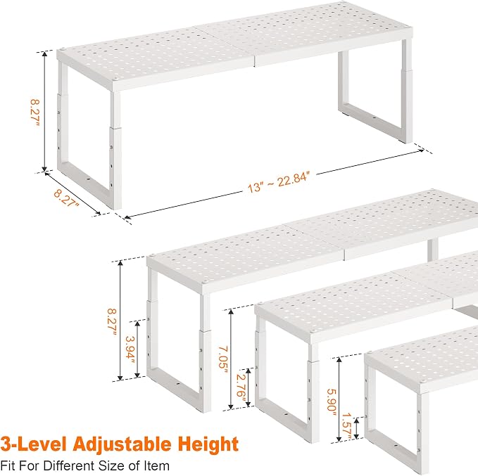 RUILALIFE Expandable-Stackable-Shelf-Organizer-For-Cabinet Pantry Closet,Kitchen Counter Shelf With Adjustable Height, Metal Storage Shelf Riser Spice Rack For Cupboard Countertop