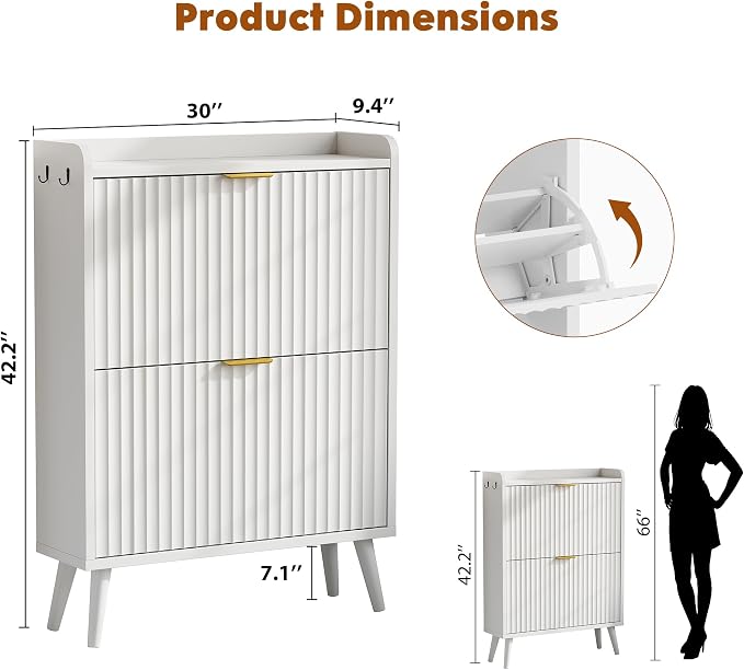 Shoe Storage Cabinet for Entryway with 2 Flip Drawers,Fluted Door | Shoe Organizer Cabinet with Adjustable & Removable Shelves,Narrow Shoe Cabinet for Foyer, Hallway, Living Room, 2 Hooks,White