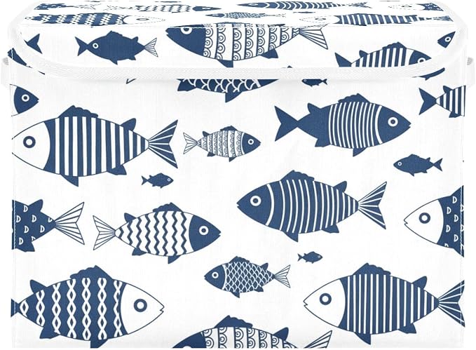 Fish Fabric Storage Bins 40L Basket Cube with Cover for Home Bedroom Closet | Decorative Storage Boxes, Dust-Proof Flip Top, Reinforced Handles, For Home & Bedroom, Clothes & Toy Box, Oxford Fabric Print