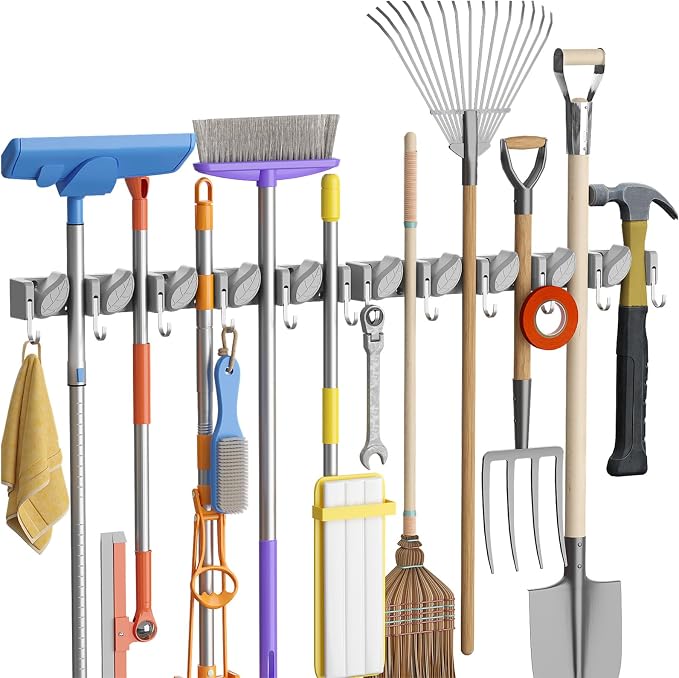 Lifewit Mop and Broom Holder Organizer Wall Mount Non-Slip, 2 Pack, Gray | Easy Install One Handed Push Cleaning Tool Hanger with 6 Hooks 5 Slots, Heavy Duty Hanging Utility Rack for Garden, Garage