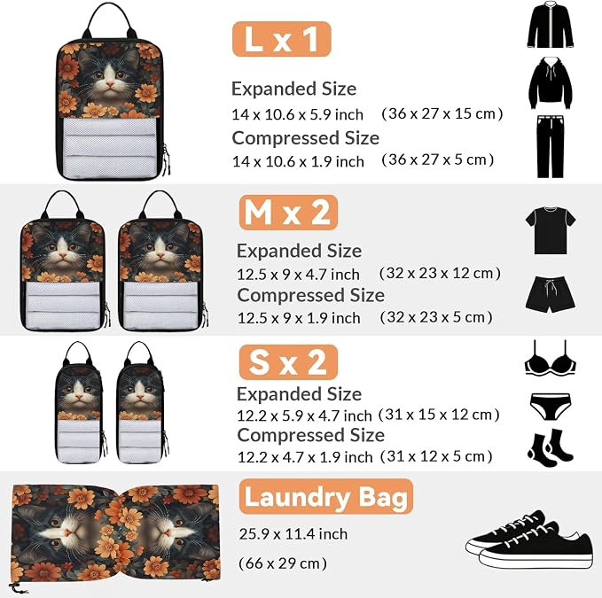 Cat 6 Set Compression Packing Cubes Flower Cat Expandable Packing Organizer for Travel Accessories Luggage Suitcase Bag