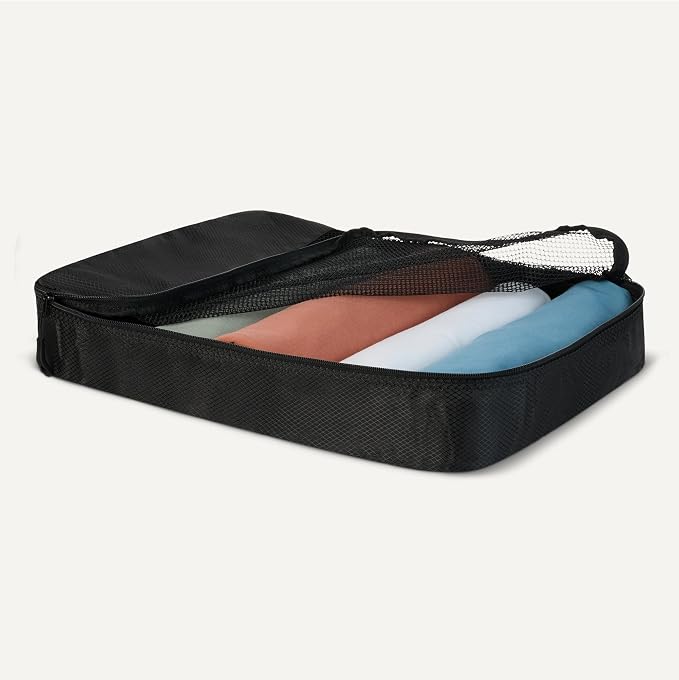 Amazon Essentials 4-Piece Packing Cubes Travel Accessories Set, Luggage Organizer with Double Zipper, Mesh Top, Space-Saving Design, Webbing Handle, 2 Medium/2 Large, Black (Previously Amazon Basics)
