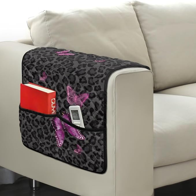 Leopard Butterfly Stretch Armrest Covers Couch Arm Cover Non-Slip Arm Rest Covers with 2 Pockets Armchair Slipcovers for Recliner Furniture Protector Home Decor