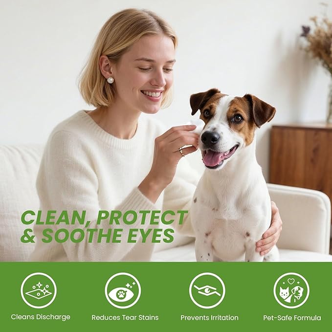 Dog Eye Wipes, Tear Stain Remover for Dogs & Cats - 100ct Hypoallergenic Pet Eye Cleaning Pads for Crust, Gunk & Discharge - Gentle Puppy Grooming Wipes for Sensitive Eyes, Wrinkles & Folds